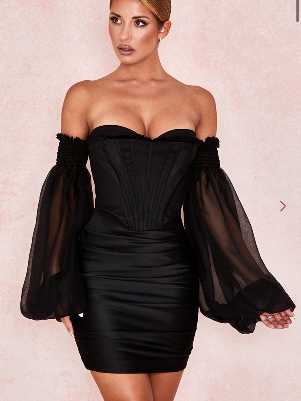 House of CB Beau Black Satin and Chiffon Corset Dress Medium